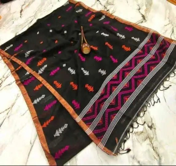 Handloom Linen Saree: Casual Wear, Black S10466 - Saree - Aakritee - S10466