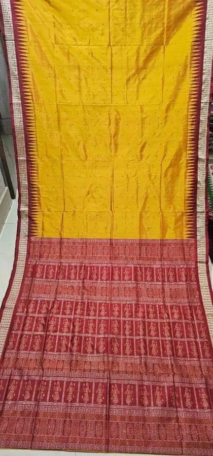 Handloom Silk Bomkai Golden Yellow Saree - Festive Red - Saree - Aakritee - S10538