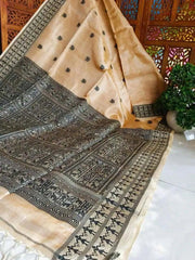 Handloom Tussar with Handwoven Jamdani Work Black Border Durga Puja Festive Saree S10486 - Saree - Aakritee - S10486