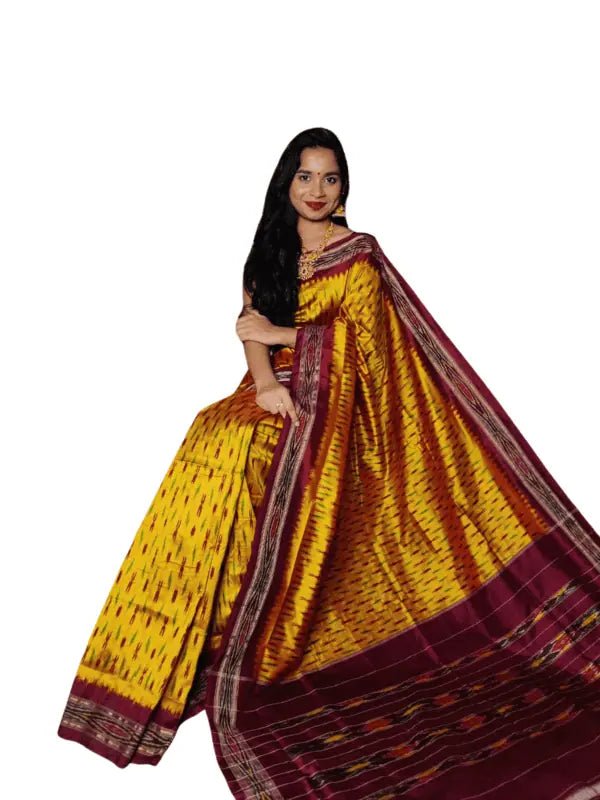 Ikkat Saree, Single Weaving, Festive Golden Yellow - Saree - Aakritee - S10555