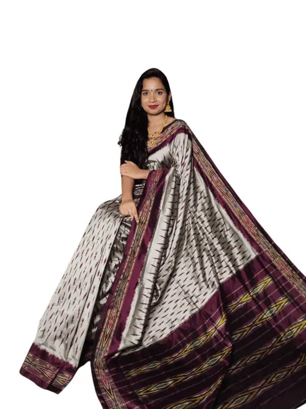 Ikkat Saree, Single Weaving, Festive Steel Grey - Saree - Aakritee - S10554