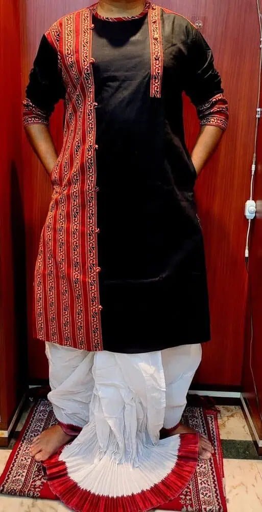 Kurta Cotton Ajrakh Patchwork Black Casual Durga Pujo Diwali Pk00241 - Kurta - Punjabi - Aakritee - PK00241