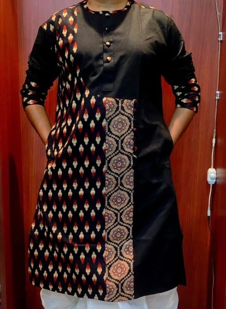 Kurta Cotton Ajrakh Patchwork Black Casual Durga Pujo Diwali Pk00243 - Kurta - Punjabi - Aakritee - PK00243