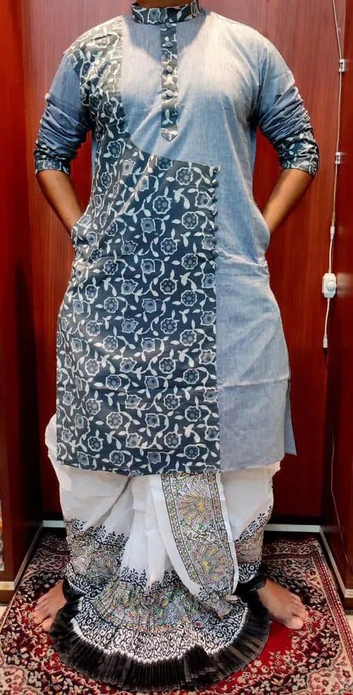 Kurta Cotton Ajrakh Patchwork Gray Casual Durga Pujo Diwali Pk00245 - Kurta - Punjabi - Aakritee - PK00245