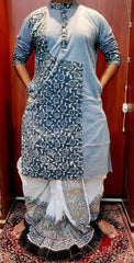 Kurta Cotton Ajrakh Patchwork Gray Casual Durga Pujo Diwali Pk00245 - Kurta - Punjabi - Aakritee - PK00245