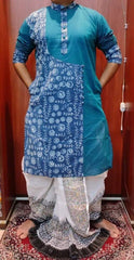 Kurta Cotton Ajrakh Patchwork Turquoise Casual Durga Pujo Diwali Pk00244 - Kurta - Punjabi - Aakritee - PK00244