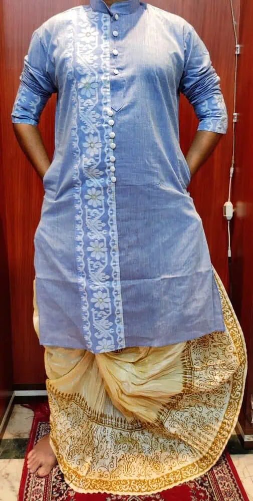 Kurta Cotton Jamdani Gray Traditional Festive Durga Pujo Diwali Pk00246 - Kurta - Punjabi - Aakritee - PK00246