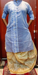 Kurta Cotton Jamdani Gray Traditional Festive Durga Pujo Diwali Pk00246 - Kurta - Punjabi - Aakritee - PK00246