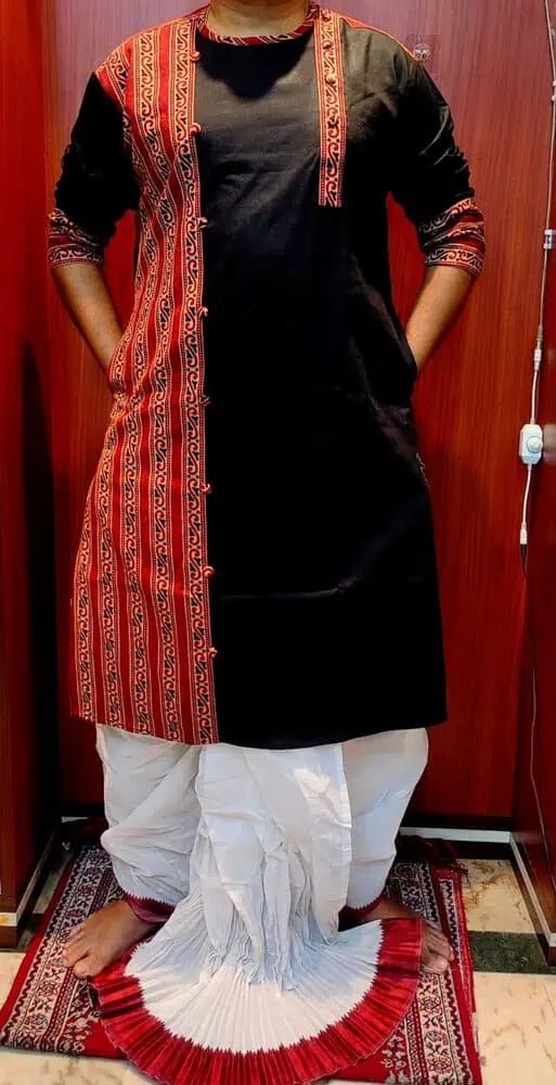 Kurta Punjabi Cotton Ajrakh Patchwork Black Maroon Festive Pk00225 - Kurta - Punjabi - Aakritee - PK00225