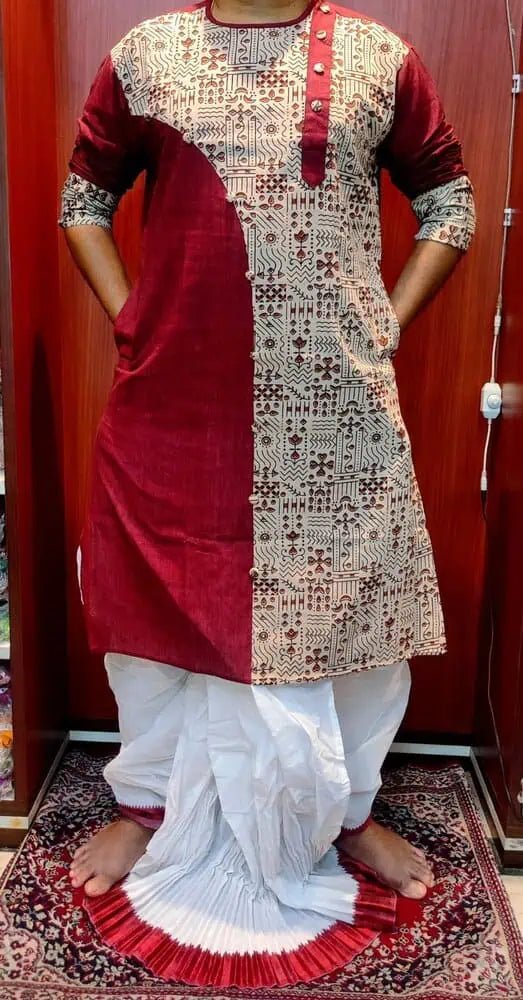 Kurta Punjabi Cotton Ajrakh Patchwork Maroon Festive Pk00222 - Kurta - Punjabi - Aakritee - PK00222