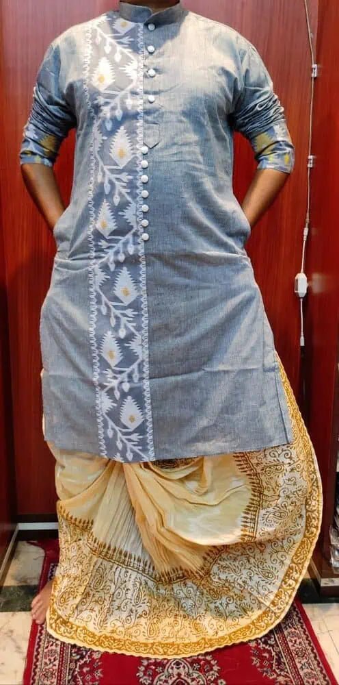 Kurta Punjabi Cotton Jamdani Work Gray Festive Pk00219 - Kurta - Punjabi - Aakritee - PK00219