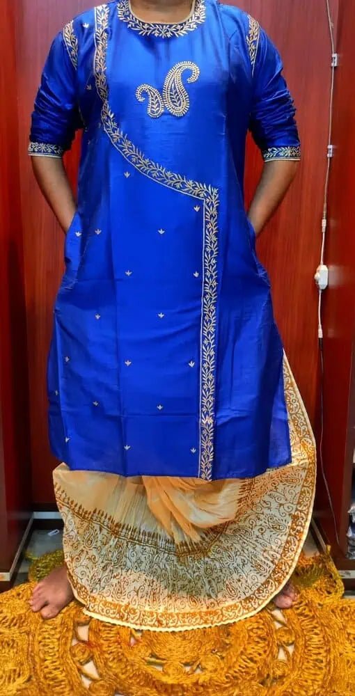 Kurta Punjabi Khadi Silk Embroidery Blue Festive Pk00221 - Kurta - Punjabi - Aakritee - PK00221