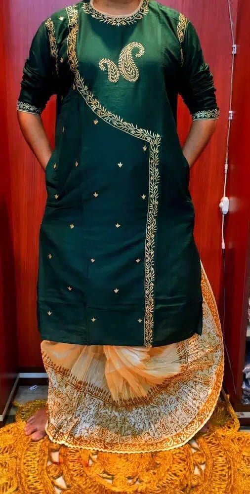 Kurta Punjabi Khadi Silk Embroidery Gark Green Festive Pk00217 - Kurta - Punjabi - Aakritee - PK00217