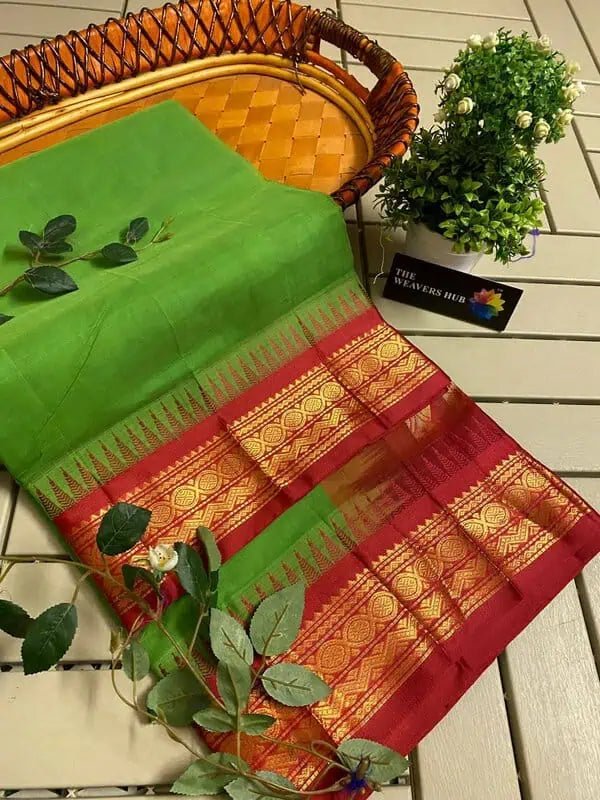 Light Green Cotton Gadwal Saree for Durga Puja - Saree - Aakritee - S10628