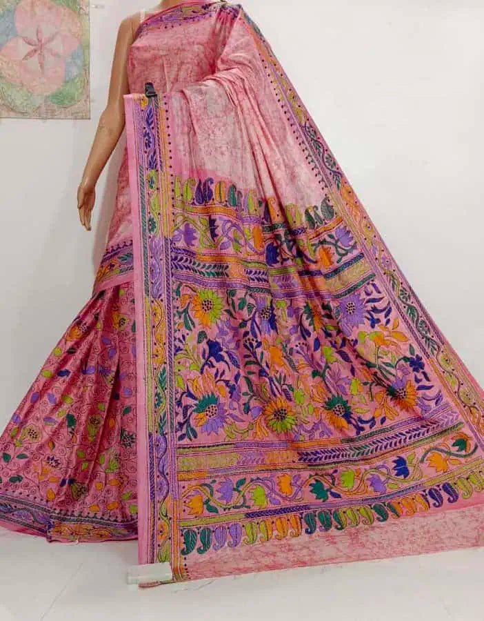 Light Pink Kantha Stitch Bangalore Silk Saree with Batik - Festive - Saree - Aakritee - S10659