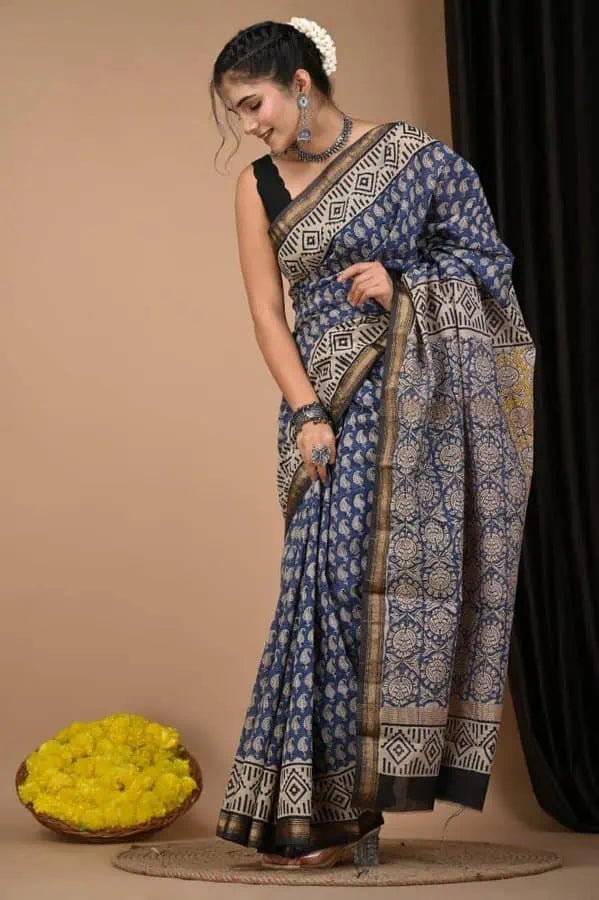 Maheshwari Silk Blue Saree Traditional Casual Wear - Saree - Aakritee - S10550