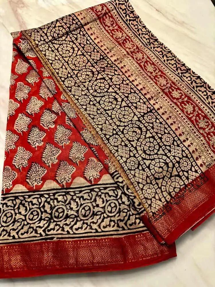 Maheshwari Silk Burnt Red Saree, Traditional Casual - Saree - Aakritee - S10546