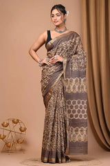 Maheshwari Silk Light Brown Saree, Traditional Casual Wear - Saree - Aakritee - S10548