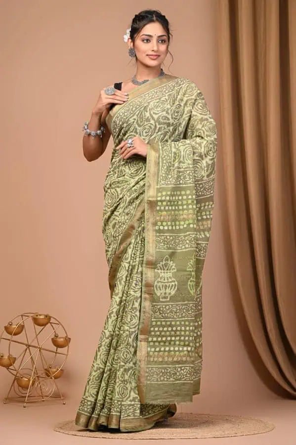 Maheshwari Silk Light Green Saree, Traditional Casual Wear - Saree - Aakritee - S10547