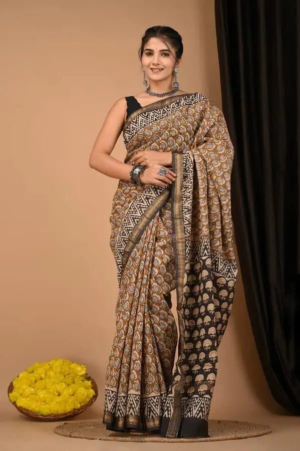 Maheshwari Silk Taupe Saree, Traditional Casual Wear - Saree - Aakritee - S10551