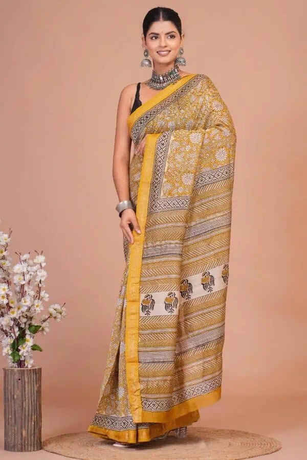 Maheshwari Silk Yellow Saree, Traditional Casual Wear - Saree - Aakritee - S10549