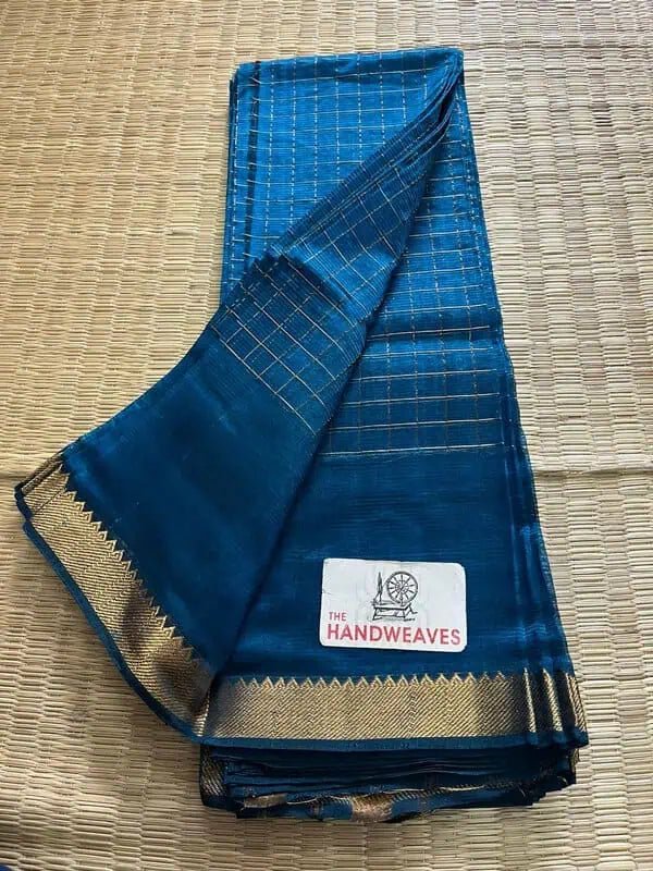 Mangalgiri Silk Saree, Zari Checks, Cyan Blue, Festive Wear - Saree - Aakritee - S10619