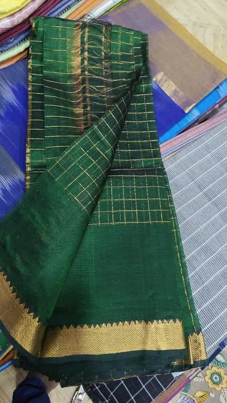 Mangalgiri Silk Saree, Zari Checks, Dark Green, Festive Wear - Saree - Aakritee - S10621