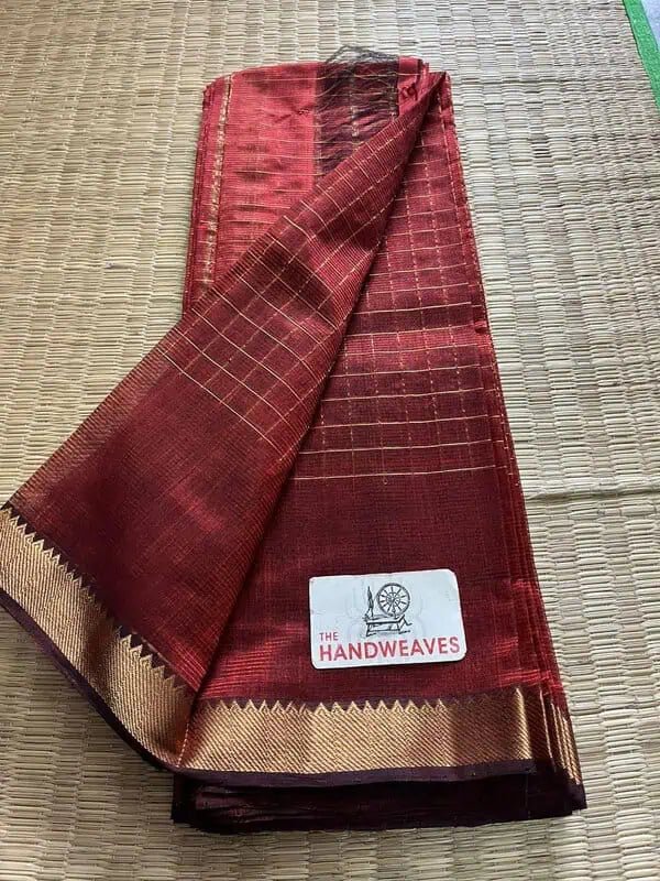 Mangalgiri Silk Saree, Zari Checks, Maroon, Festive Indian Wear - Saree - Aakritee - S10617