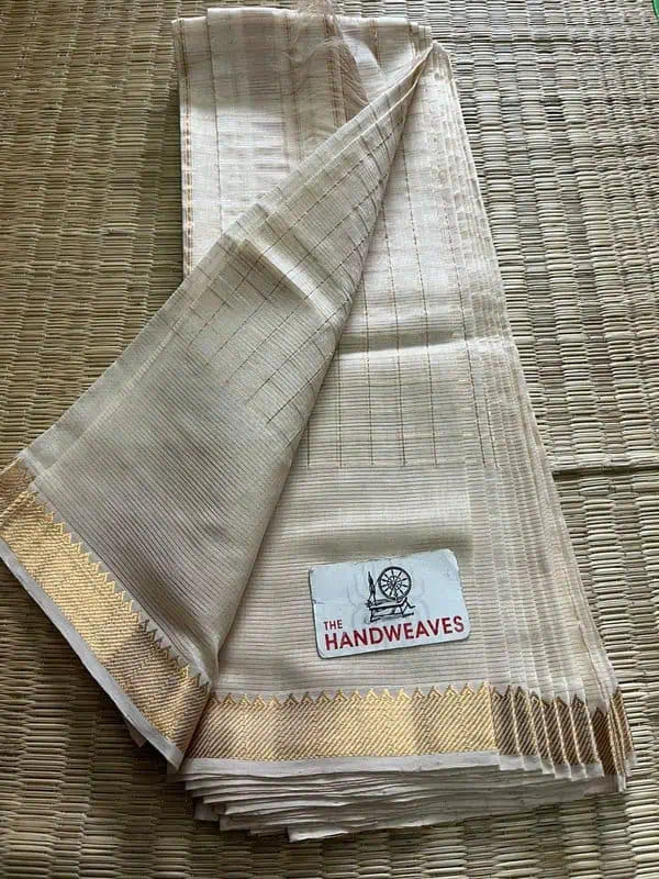 Mangalgiri Silk Saree, Zari Checks, Off White, Festive Wear - Saree - Aakritee - S10618