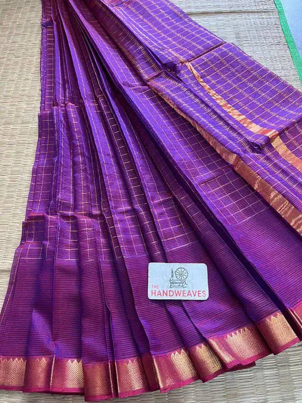 Mangalgiri Silk Saree, Zari Checks, Purple, Festive Indian Wear - Saree - Aakritee - S10615