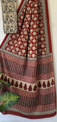 Maroon Linen Saree - Saree Cotton Linen Handblock Casual Pujo Edit Maroon S11145 - Saree - Aakritee - S11145