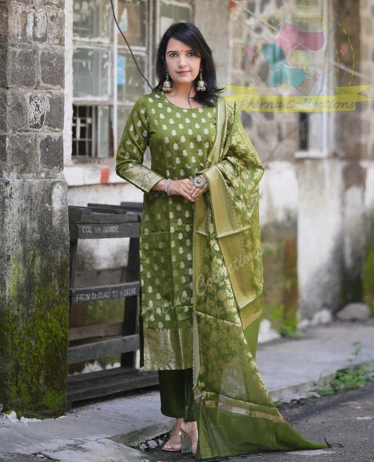 Mehendi Green Cotton Silk Salwar/Kurtis Suit for Festive Wear - Salwar/Kurtis suit - Aakritee - SS00007