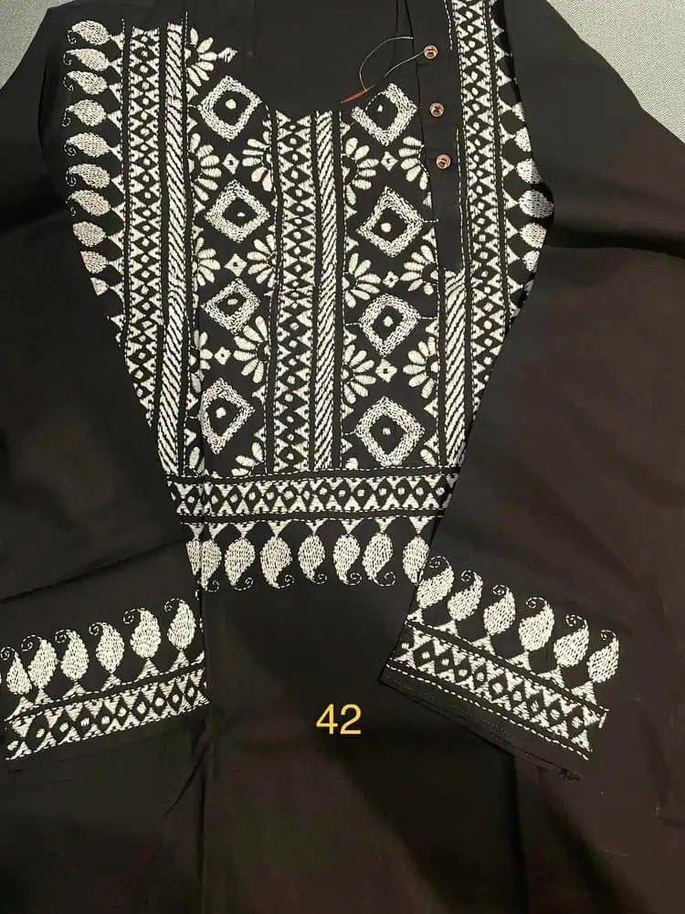 Mens Kurta Punjabi Cotton Hand Kantha Black PK00155 - Kurta - Punjabi - Aakritee - PK00155