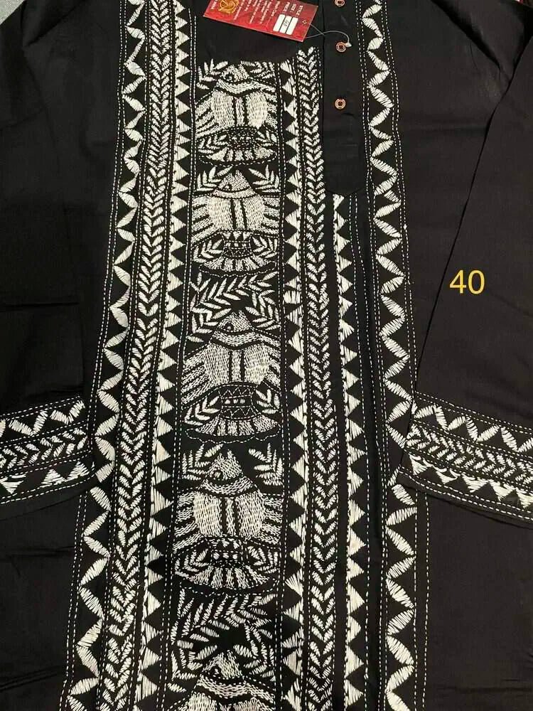 Mens Kurta Punjabi Cotton Hand Kantha Black PK00166 - Kurta - Punjabi - Aakritee - PK00166