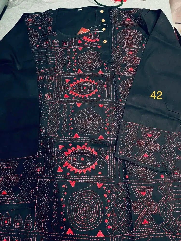 Mens Kurta Punjabi Cotton Hand Kantha Black PK00167 - Kurta - Punjabi - Aakritee - PK00167