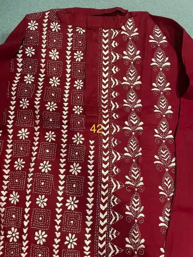 Mens Kurta Punjabi Cotton Hand Kantha Maroon PK00161 - Kurta - Punjabi - Aakritee - PK00161