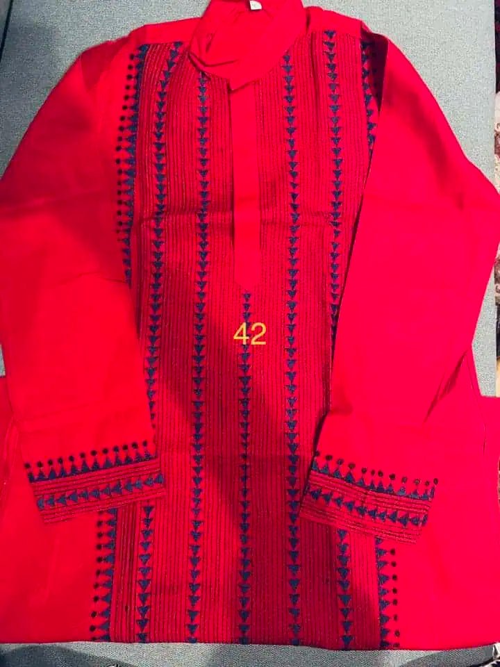 Mens Kurta Punjabi Cotton Hand Kantha Red PK00156 - Kurta - Punjabi - Aakritee - PK00156