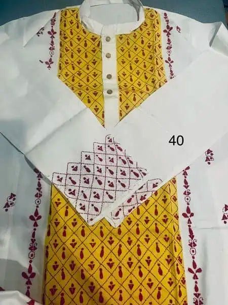 Mens Kurta Punjabi Cotton Hand Kantha White Yellow PK00154 - Kurta - Punjabi - Aakritee - PK00154