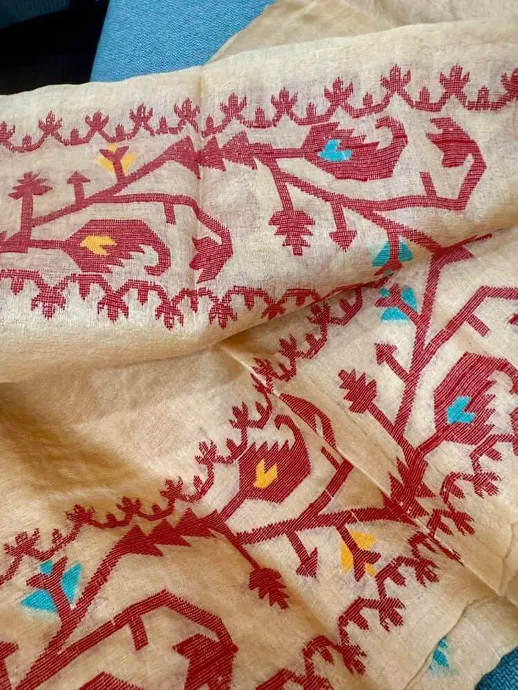 Multicolour Handloom Saree - Pure Gachi By Gachi Tussar Jamdani Bengal Handloom Traditional Festive Pale Goldenrod S11062 - Saree - Aakritee - S11062