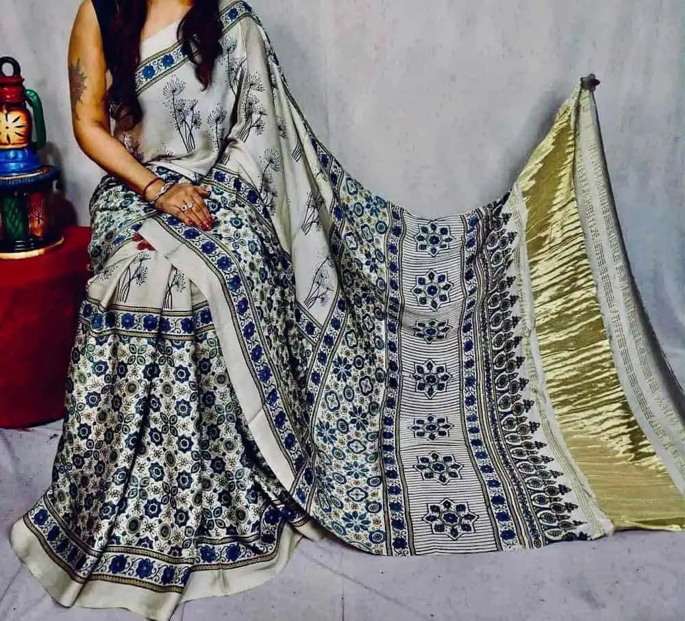 Multicolour Silk Saree - Pure Modal Silk Ajrakh Festive Casual Pale Goldenrod S11048 - Saree - Aakritee - S11048