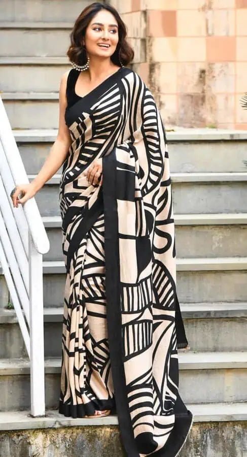 Murshidabad Silk Geometric Hand Block Offwhite - Black Saree, S10881 - Saree - Aakritee - S10881
