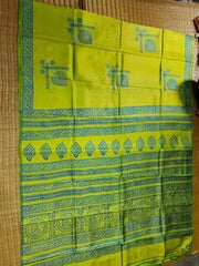 Murshidabad Silk Neon Green Saree - Festive Hand Block Print - Saree - Aakritee - S10530