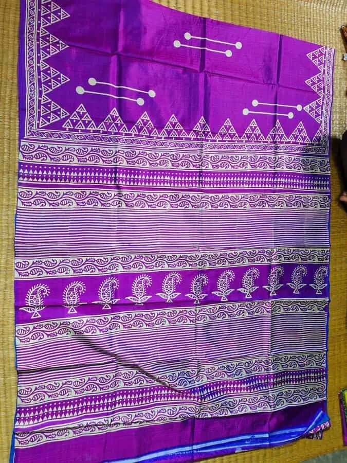 Murshidabad Silk Purple Blue Saree - Festive Hand Block Print - Saree - Aakritee - S10531