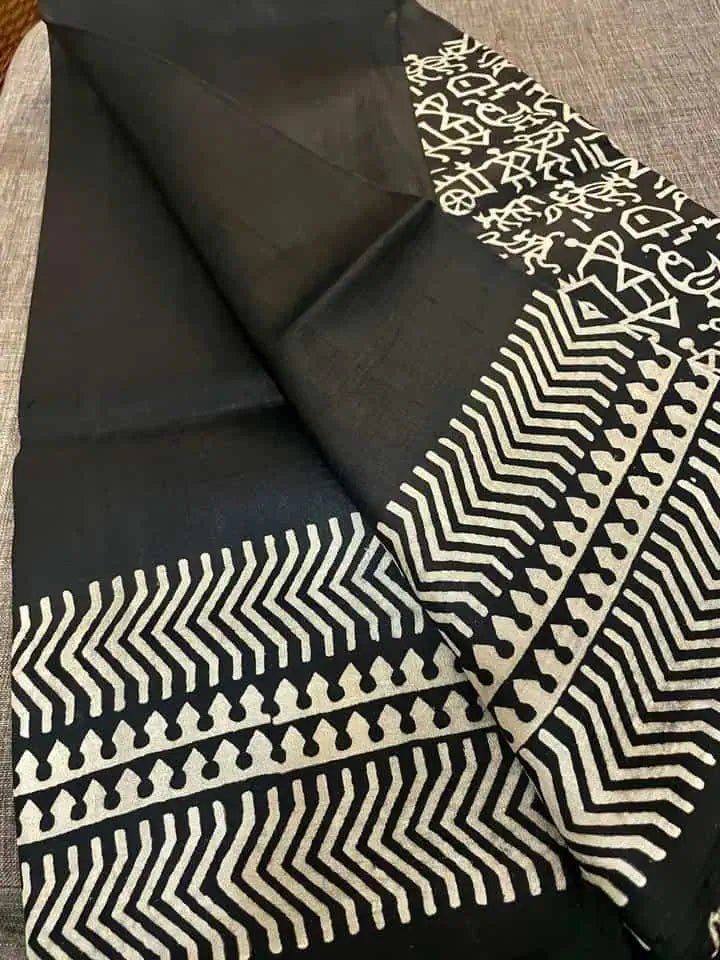 Murshidabad Silk Saree: Block Print, Festive Wear, Black S10453 - Saree - Aakritee - S10453