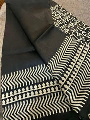 Murshidabad Silk Saree: Block Print, Festive Wear, Black S10453 - Saree - Aakritee - S10453