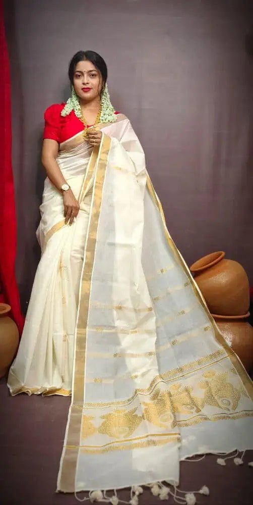 Off - White Kerala Cotton Festive Saree - S10362 - Saree - Aakritee - S10362