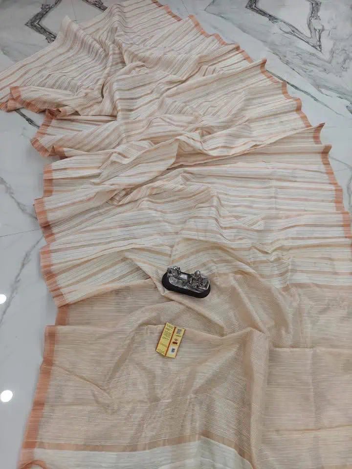 Off White Matka Saree - Saree Matka Offwhite Pure Handloom Golden Stripped Festive Pujo Edit Diwali S11161 - Saree - Aakritee - S11161