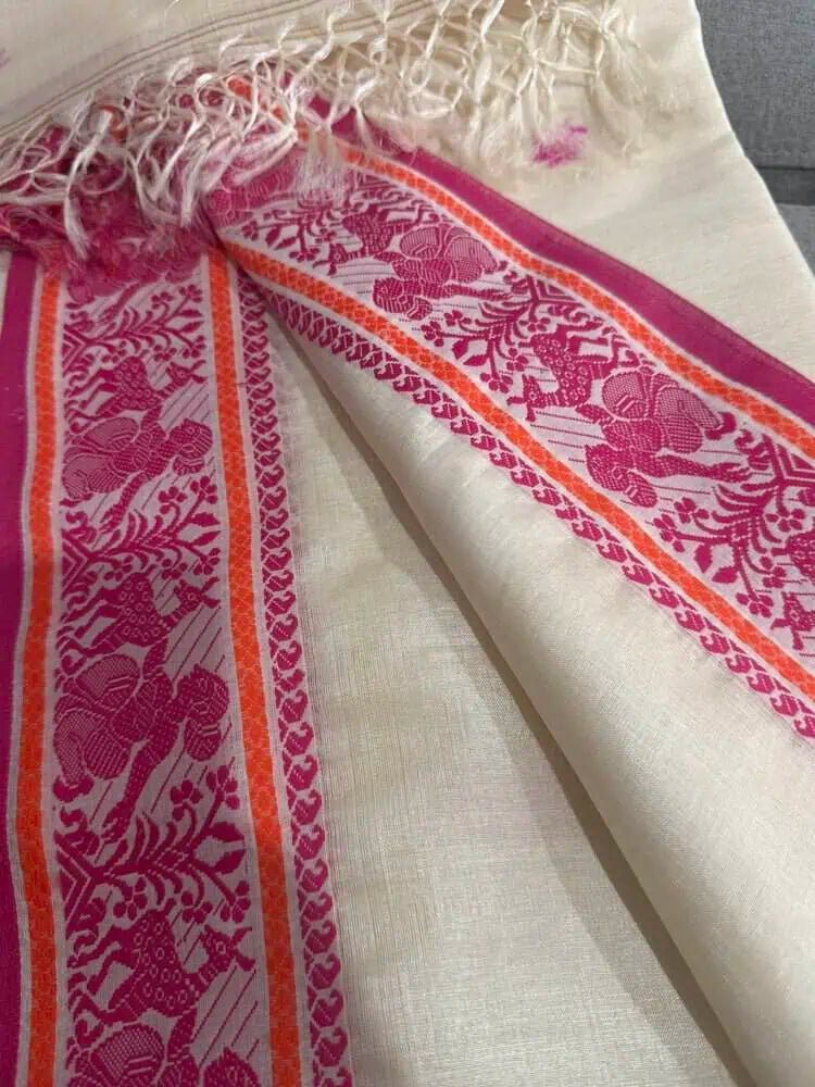 Off White Tussar Saree - Saree Pure Desi Tussar Baluchari Offwhite Festive Pujo Edit S11082 - Saree - Aakritee - S11082