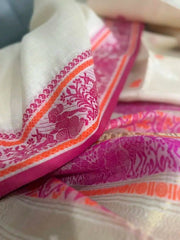 Off White Tussar Saree - Saree Pure Desi Tussar Baluchari Offwhite Festive Pujo Edit S11082 - Saree - Aakritee - S11082