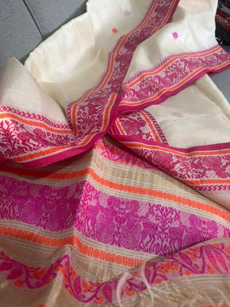 Off White Tussar Saree - Saree Pure Desi Tussar Baluchari Offwhite Festive Pujo Edit S11082 - Saree - Aakritee - S11082